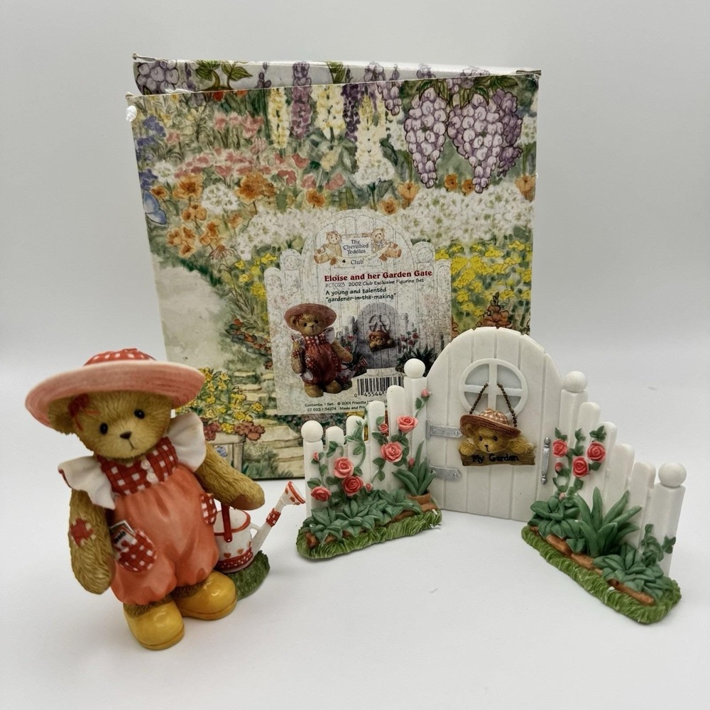 Cherished Teddies- Club Exclusive set - ELOISE and her Garden Gate 2002 NEW